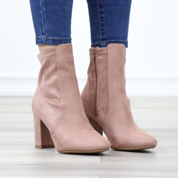 Pointed Toe Pink Faux Suede Block High Heel Above Ankle Boots - Picture 2 of 14